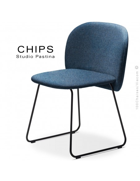 Chaise design CHIPS-SL, piétement luge acier peint noir, assise et dossier habillage tissu 700ble.