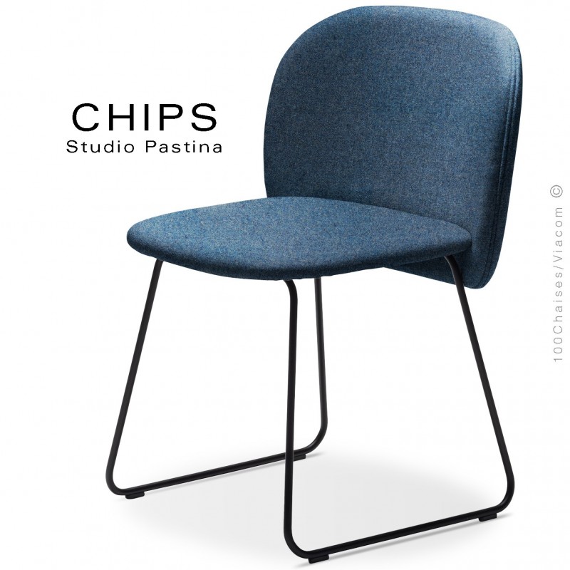 Chaise design CHIPS-SL, piétement luge acier peint noir, assise et dossier habillage tissu 700ble.