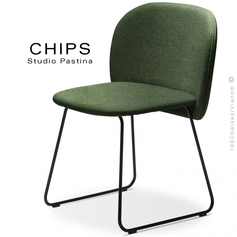 Chaise design CHIPS-SL, piétement luge acier peint noir, assise et dossier habillage tissu 800vert.