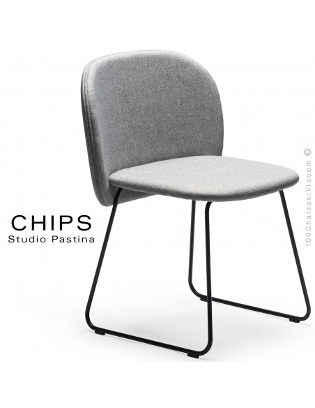 Chaise design CHIPS-SL, piétement luge acier peint, assise et dossier habillage tissu.