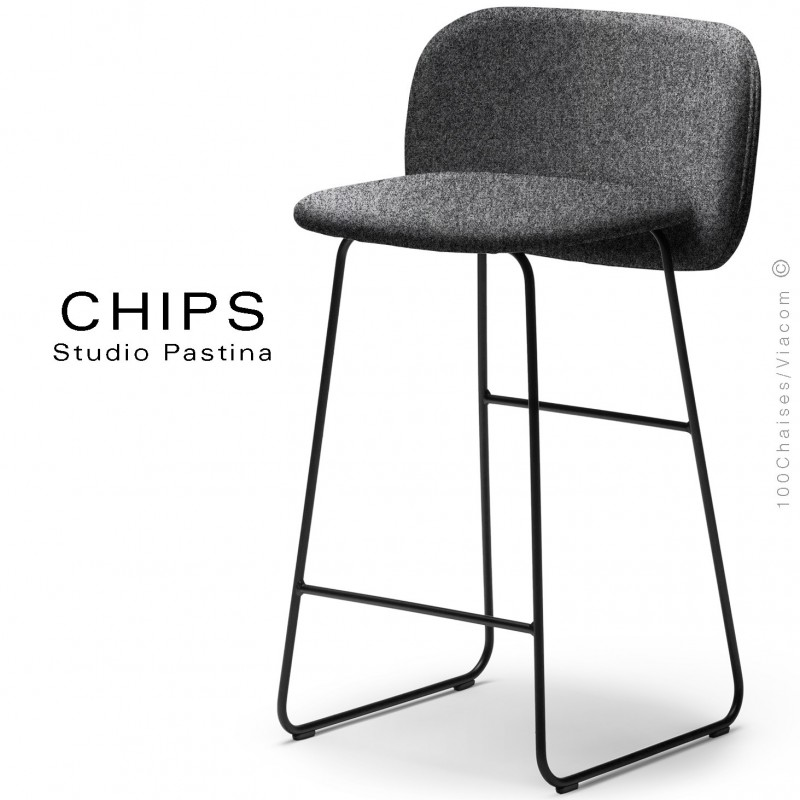 Tabouret de cuisine CHIPS-SL-SG-65, piétement luge acier peint noir, assise et dossier habillage tissu 201noirclair.