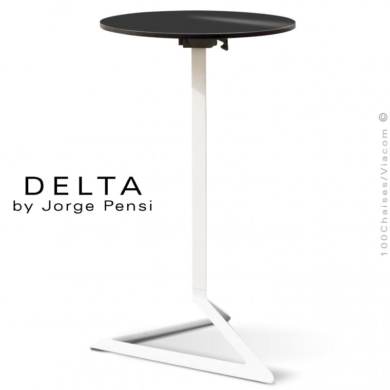 Table mange debout DELTA, piétement fantaisie aluminium blanc, plateau rond Ø50 cm., compact noir.