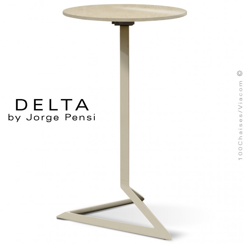 Table mange debout design DELTA, plateau pierre DEKTON, Ø50 cm., couleur Danae, piétement aluminium peint écru.