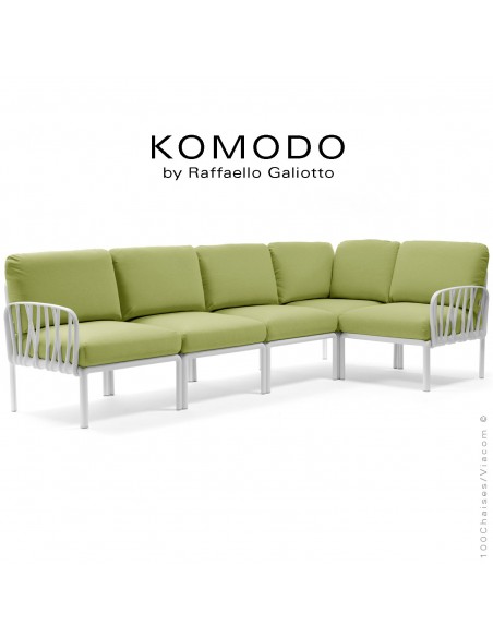 Canapé KOMODO, 5 modules structure plastique blanc, avec coussin tissu vert clair.