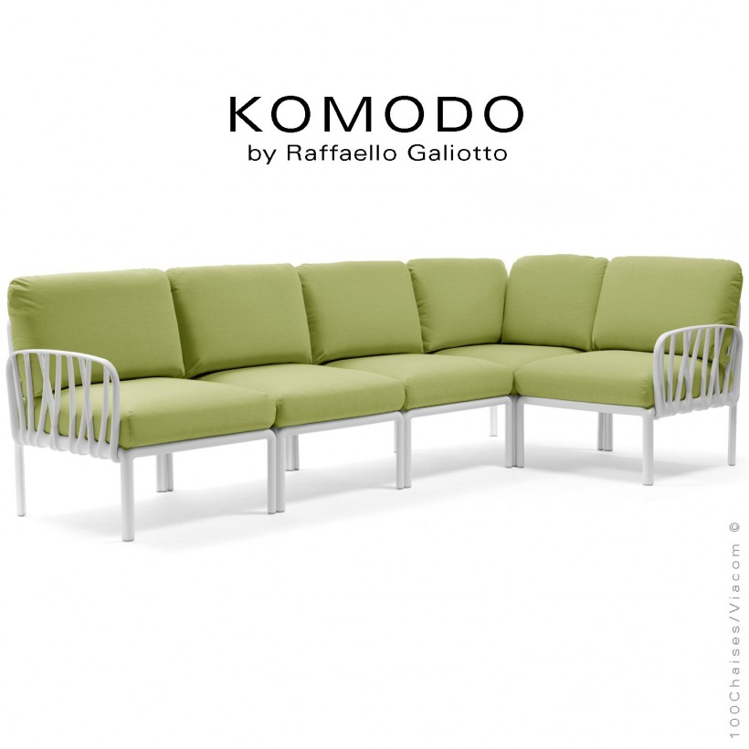 Canapé KOMODO, 5 modules structure plastique blanc, avec coussin tissu vert clair.