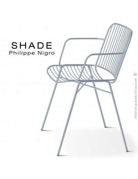 Fauteuil SHADE, structure 4 pieds en tube, assise et dossier en tige d'acier finition peinture aluminium gris.