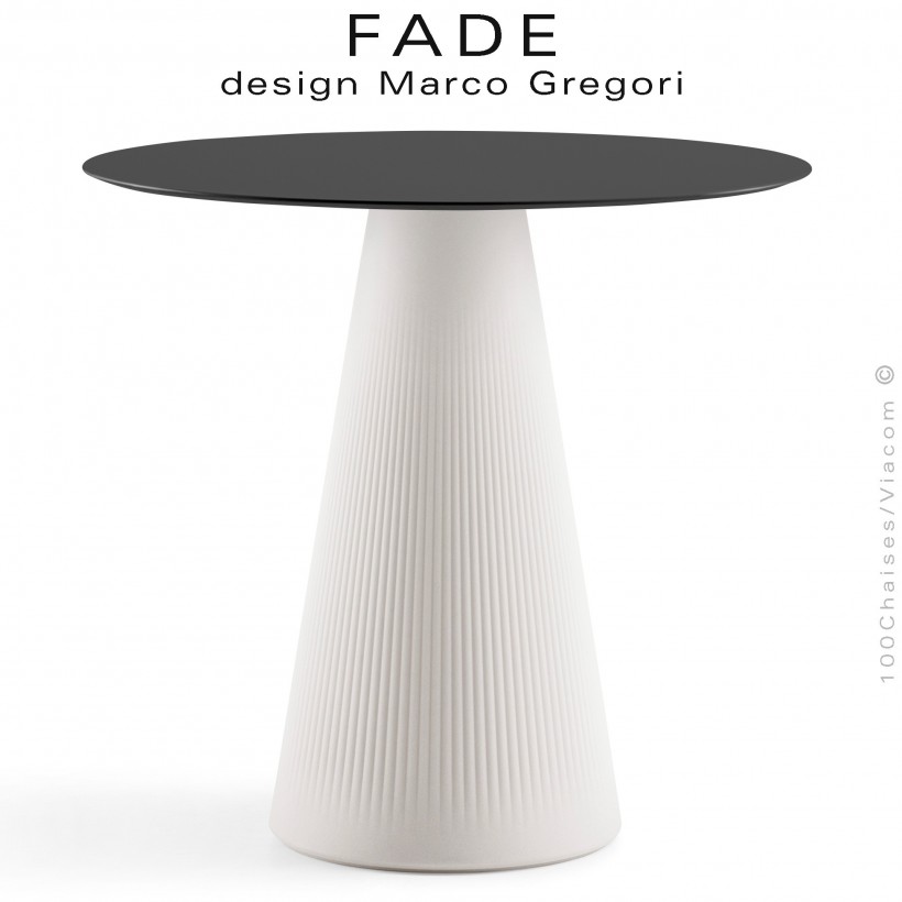 Table design FADE, piétement conique plastique blanc, plateau Ø70 cm., HPL noir.