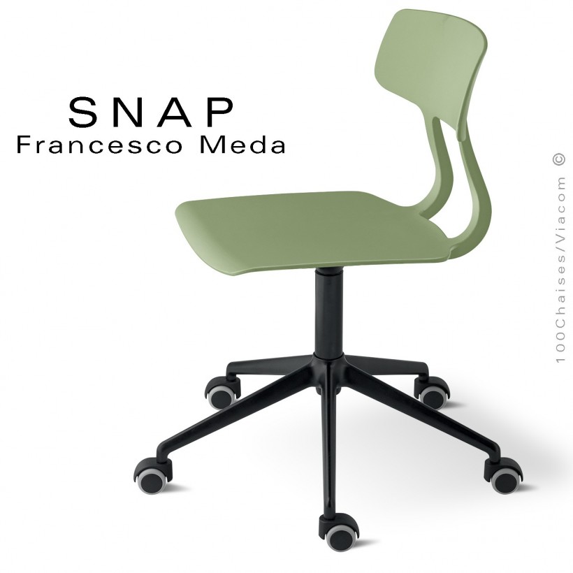 Chaise de bureau SNAP, piétement aluminium noir avec roulettes, assise hauteur réglable, pivotante coque couleur pistache.