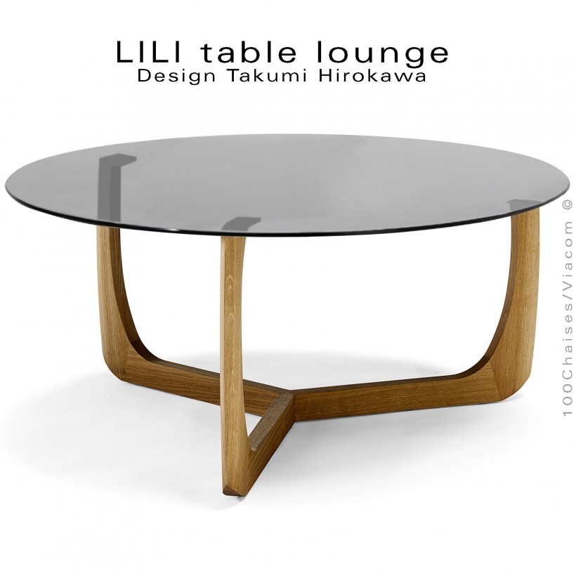 Table basse design LILI, plateau Ø90, verre blanc ou teinté noir, piétement  chêne massif huilé ou teinté noir.