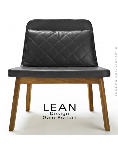 Fauteuil lounge LEAN, pour salle d'attente ou salon, structure chêne massif  huilé ou teinté noir, assise cuir avec coussin.