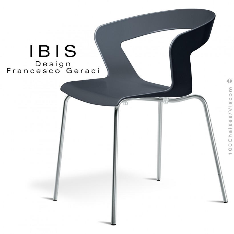 Chaise design IBIS piétement chromé brillant, assise coque plastique couleur anthracite.