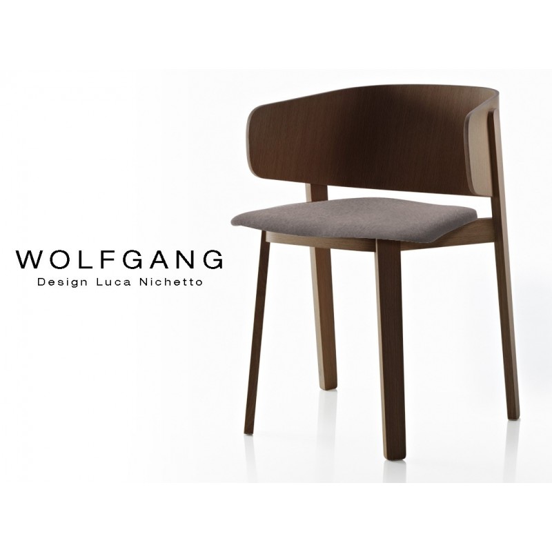 WOLFGANG fauteuil design bois vernis tabac, assise capitonnée couleur marron.