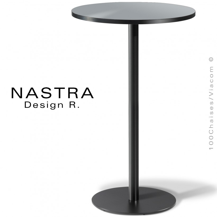 Table haute ou mange debout NASTRA, piétement peint, plateau rond stratifié chant PVC noir.