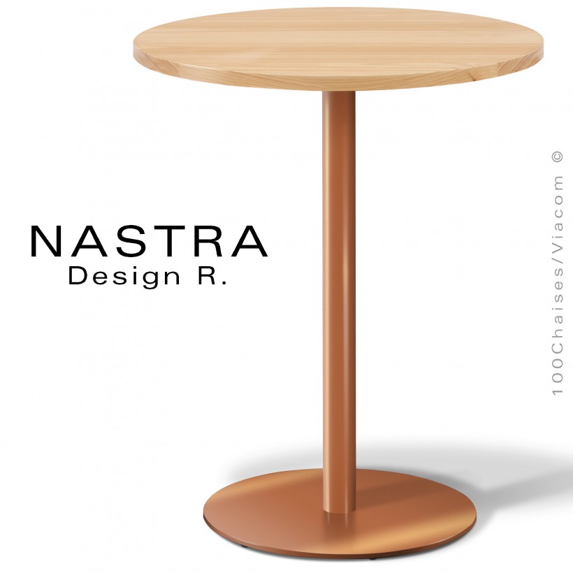 Table repas collection NASTRA, colonne centrale sur platine de sol rond, peint, chromé brillant, inox brossé, inox poli.