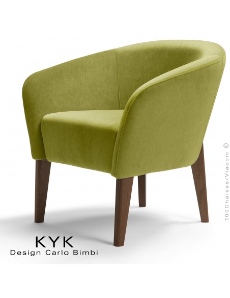 Fauteuil de salon KYK pieds bois wengé, assise et dossier garnis, habillage tissu synthétique, couleur vert.