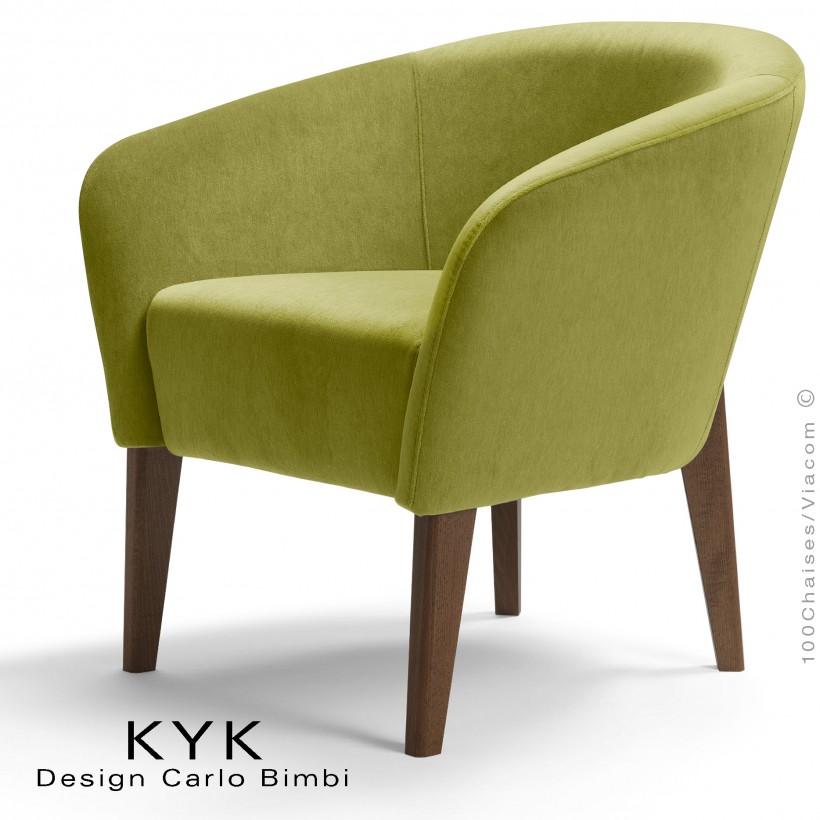 Fauteuil de salon KYK pieds bois wengé, assise et dossier garnis, habillage tissu synthétique, couleur vert.