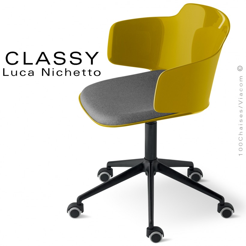 Fauteuil de bureau CLASSY, piétement aluminium avec roulettes, assise  pivotante coque avec accoudoirs et coussin d'assise.