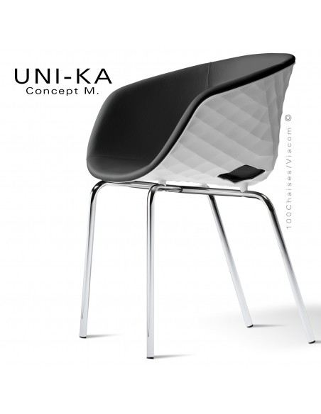 Fauteuil tendance et chic UNI-KA, piétement chromé, assise coque plastique couleur blanc, habillage cuir noir.