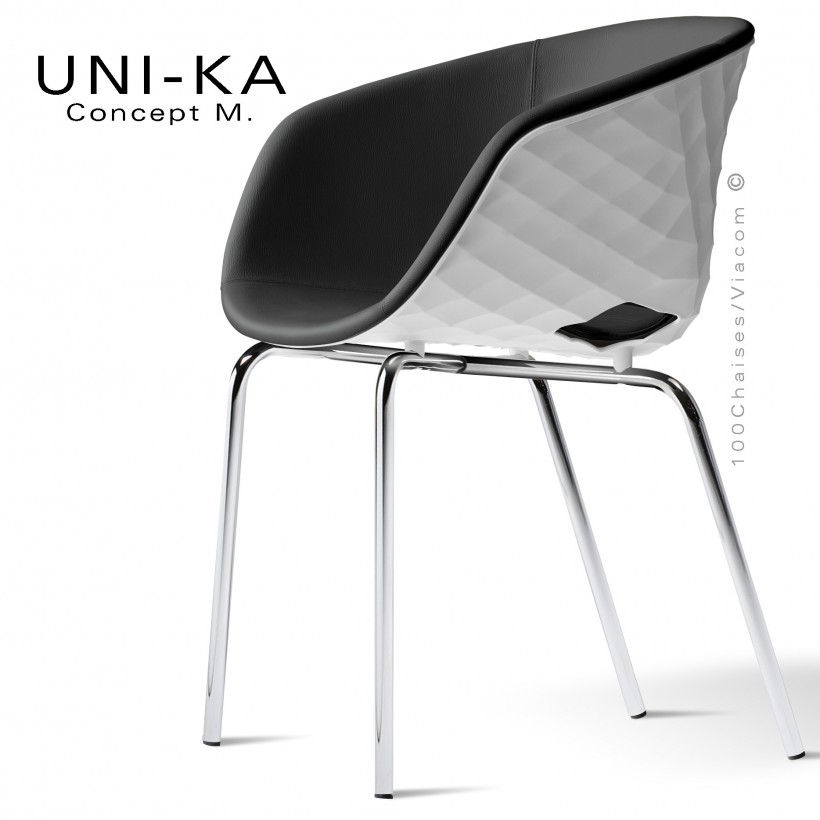 Fauteuil tendance et chic UNI-KA, piétement chromé, assise coque plastique couleur blanc, habillage cuir noir.