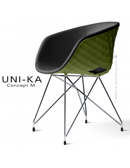 Fauteuil chic et tendance UNIKA, piétement type Eiffel chromé brillant, coque plastique vert olive, habillage cuir noir.