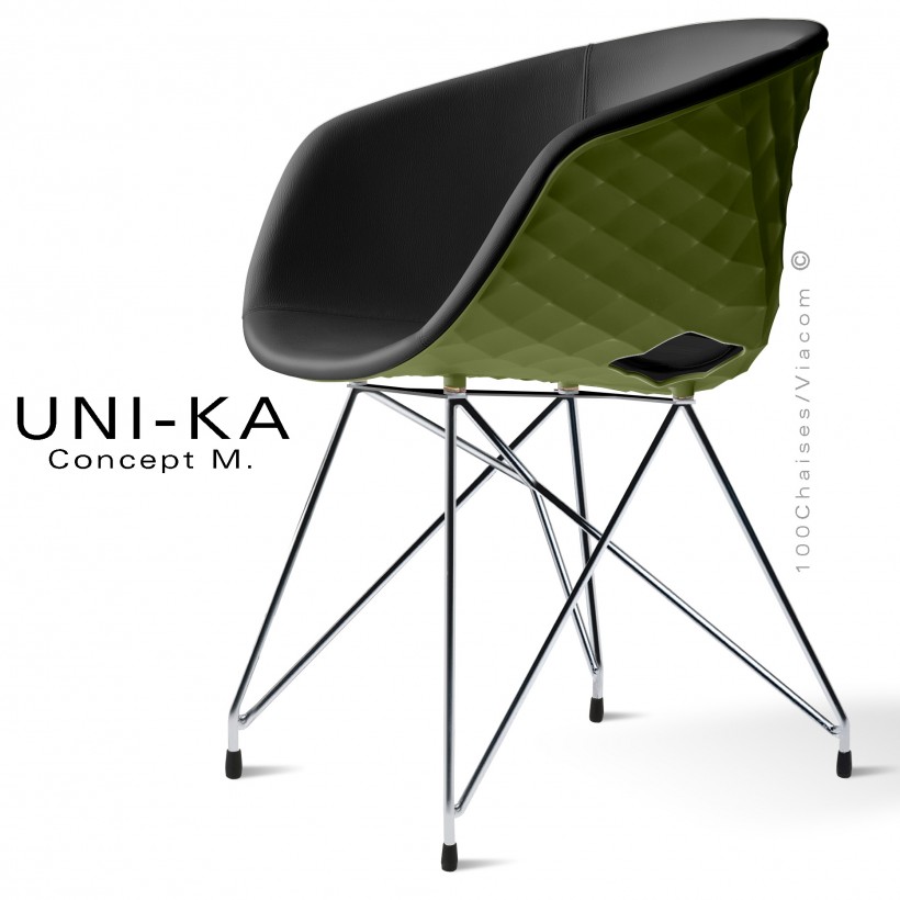 Fauteuil chic et tendance UNIKA, piétement type Eiffel chromé brillant, coque plastique vert olive, habillage cuir noir.